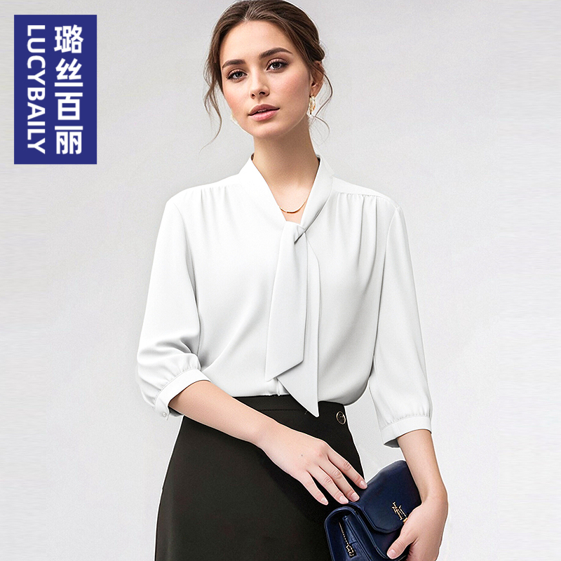 璐丝百丽飘带衬衫女春夏新款时尚洋气七分袖设计感白色衬衣女