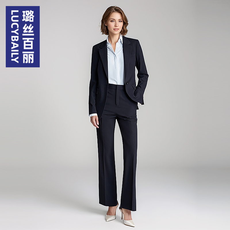 璐丝百丽藏青色职业西装外套女春秋面试正装套装高级感气质工作服