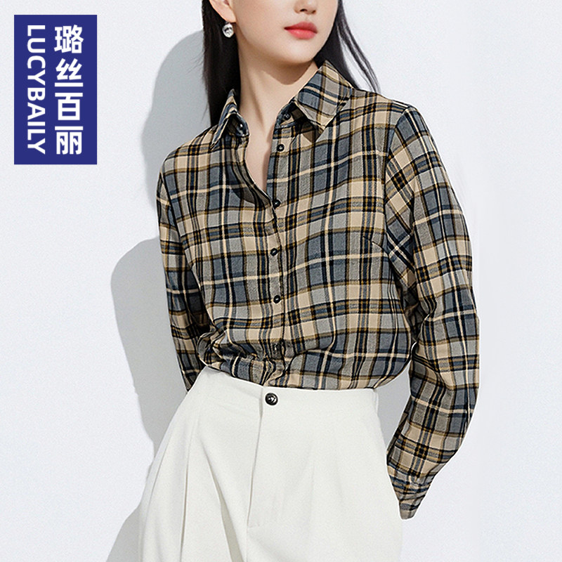 璐丝百丽美式格子风长袖衬衫女通勤OL翻领纽扣气质减龄上衣2026新