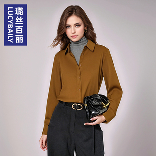 金棕色高级感气质职业衬衣上衣面试新款 复古通勤风磨毛衬衫 女长袖