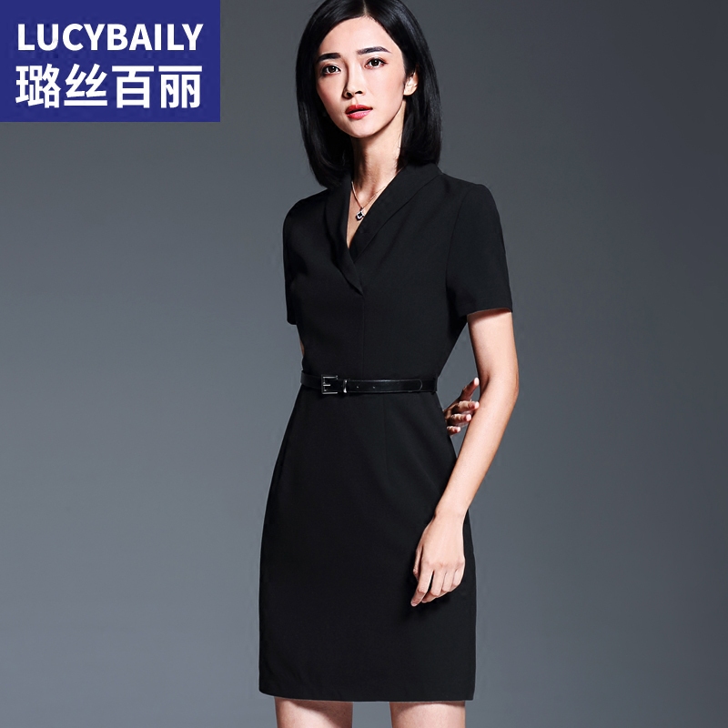 璐丝百丽职业显瘦黑色V领连衣裙
