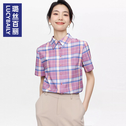 璐丝百丽时尚女短袖格子衬衫高人气休闲格纹衬衣职场气质上衣百搭