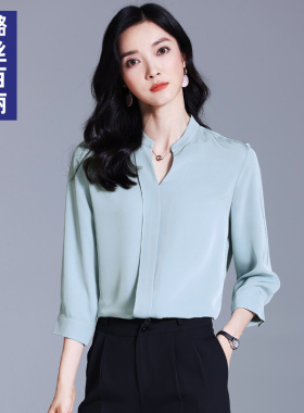 璐丝百丽蓝色七分袖v领雪纺衫女夏中袖职业衬衣洋气上衣气质小衫