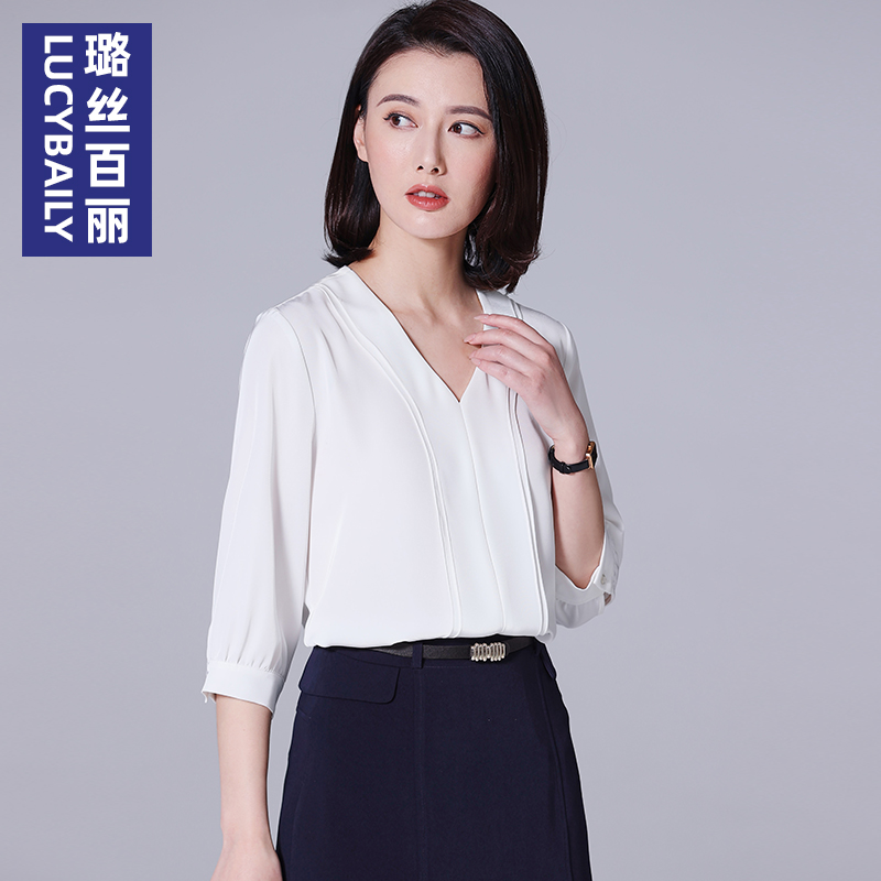 璐丝百丽通勤七分袖雪纺V领衬衫