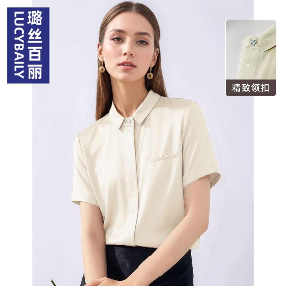 璐丝百丽新款2026夏香槟色翻领衬衫女短袖通勤OL职场穿搭气质上衣