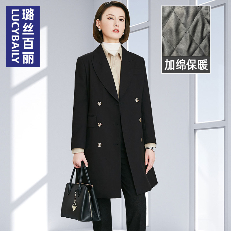 璐丝百丽黑色风衣外套女中长款双排扣职业通勤高级感气质大衣面试,女装/女士精品,风衣,淘宝优惠券,粉丝福利购,淘宝优惠卷