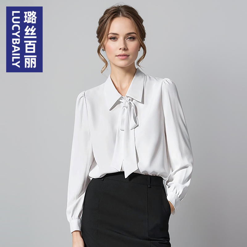璐丝百丽白色飘带长袖衬衫女上衣春秋职业垂感气质衬衣公务员面试