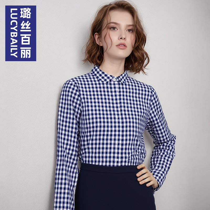 蓝白格子衬衫女长袖职业面试衬衣