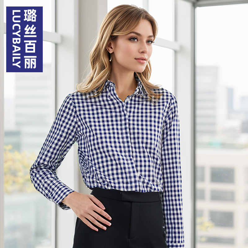 法式经典格子长袖衬衫女纯棉暗扣防走光衬衫气质百搭通勤职业衬衣