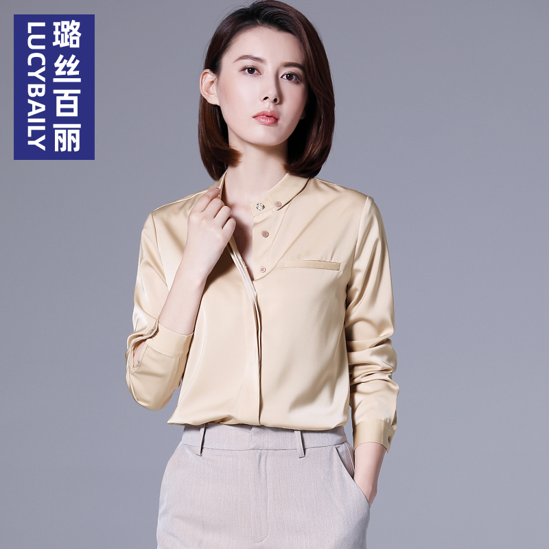 璐丝百丽香槟色缎面雪纺衬衫女长袖设计感短袖上衣春气质垂感衬衣