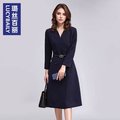 2025新款风衣女中长款双排扣大衣外套春秋通勤西装外套藏蓝色职业