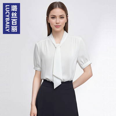 璐丝百丽雪纺衬衫女短袖职业装飘带领修身职场时尚通勤百搭气质