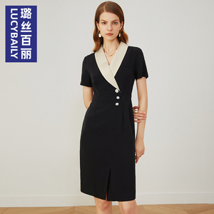 璐丝百丽黑色西装连衣裙女夏短袖薄款高端职业气质显瘦中长款裙子
