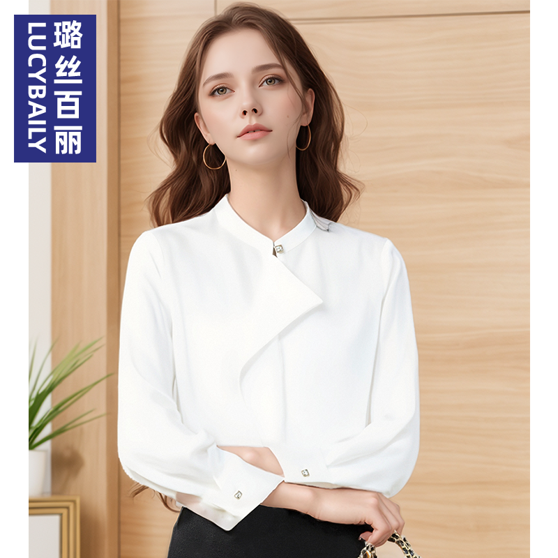 2025新款衬衫雪纺女职业长袖衬衣上衣OL通勤时尚气质百搭白色立领
