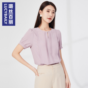 小衫 璐丝百丽雪纺衬衫 衬衣夏季 上衣圆领短袖 洋气别致 女2025新款