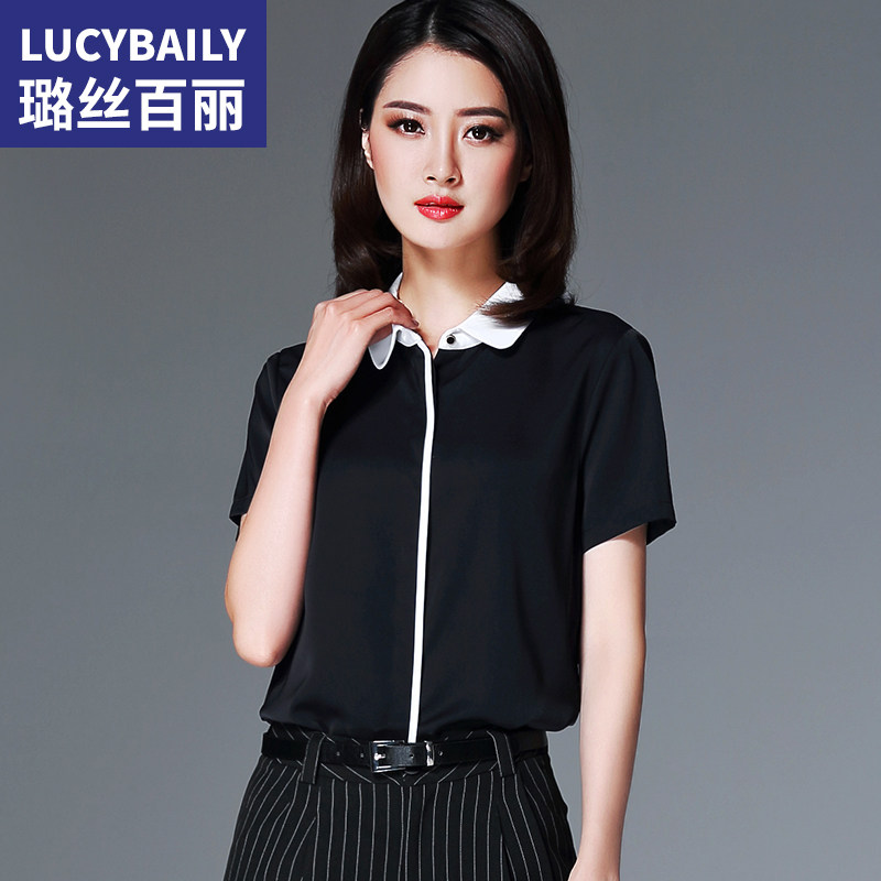 雪纺衬衫女夏季短袖撞色娃娃领2026新款气质职业时尚休闲白色衬衣