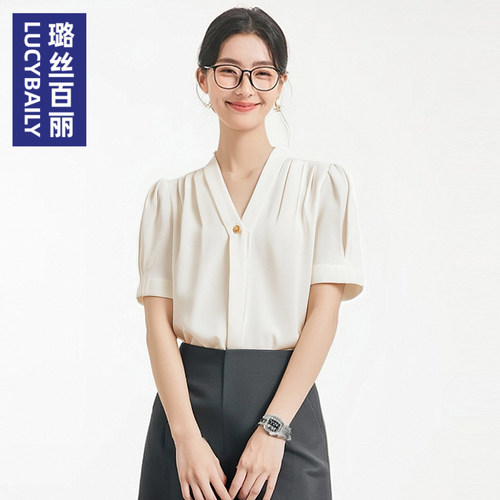 璐丝百丽短袖V领时尚雪纺衬衫女气质休闲百搭衬衣设计感小众上衣
