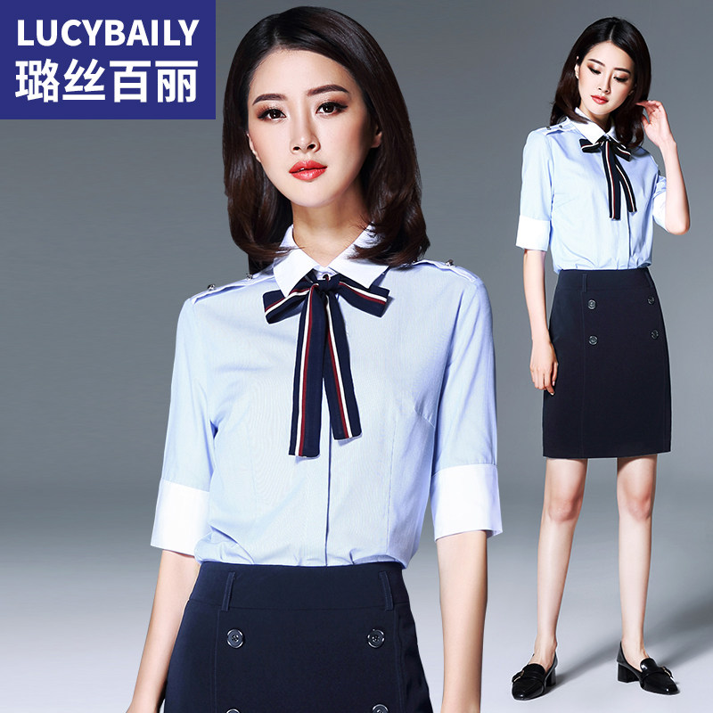 雪纺蝴蝶结衬衫套裙职业装女2018新款工作服女夏装修身气质两件套