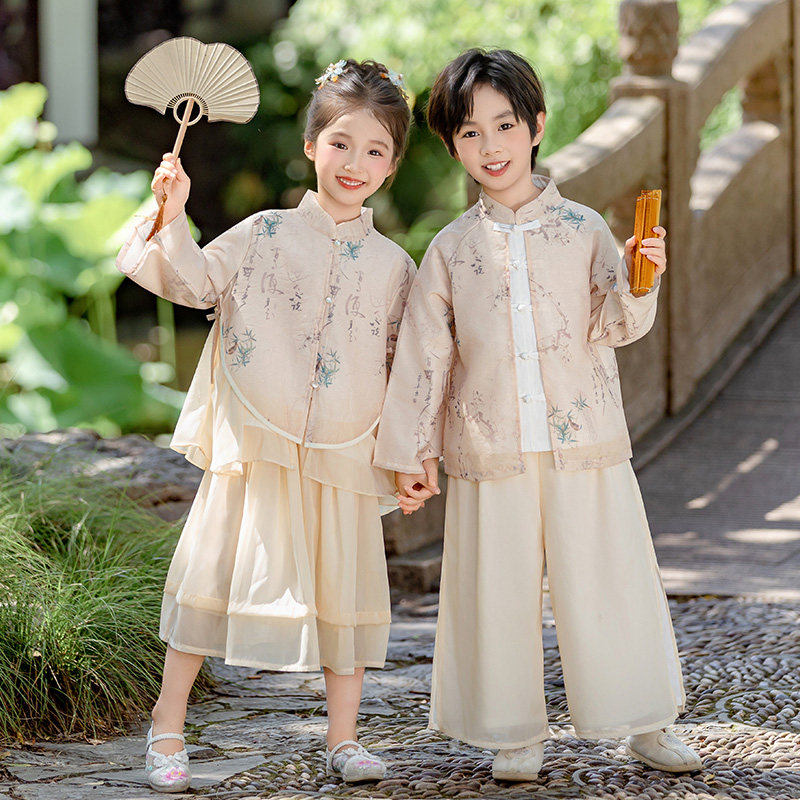 儿童唐装男童汉服女童春秋季2026新款小女孩裙子男孩国风中秋表演