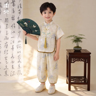 日常可穿汉服男童夏季薄款儿童唐装短袖套装国风小少爷新中式宝宝