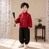 男童汉服春秋季 国风男孩帅气古装 薄款 儿童唐装 新中式 红色套装 童装