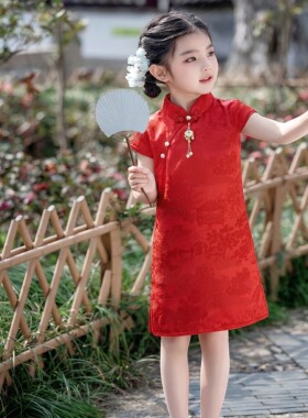 旗开得胜女童红色旗袍短袖汉服夏季儿童唐装裙子小女孩中国风宝宝