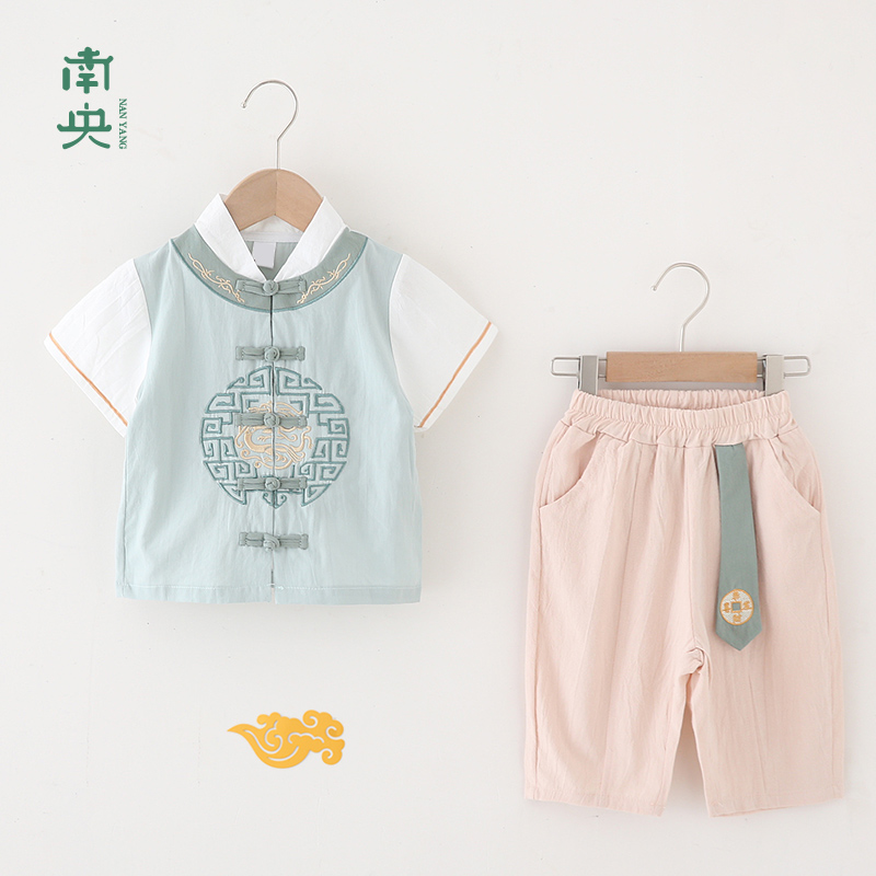 汉服男童夏季薄款周岁服宝宝棉麻套装短袖男孩唐装儿童古装中国风