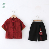 唐装 宝宝周岁礼服红色抓周服新中式 儿童短袖 薄款 古风 男童汉服夏季