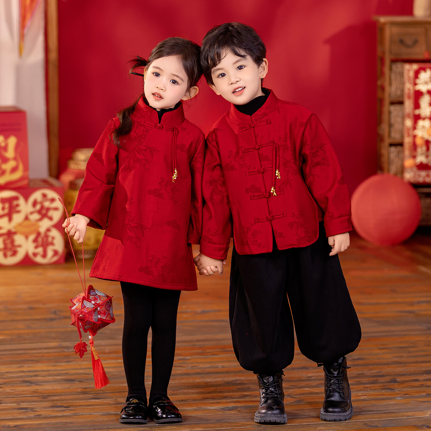 儿童红色唐装男童拜年服加绒套装
