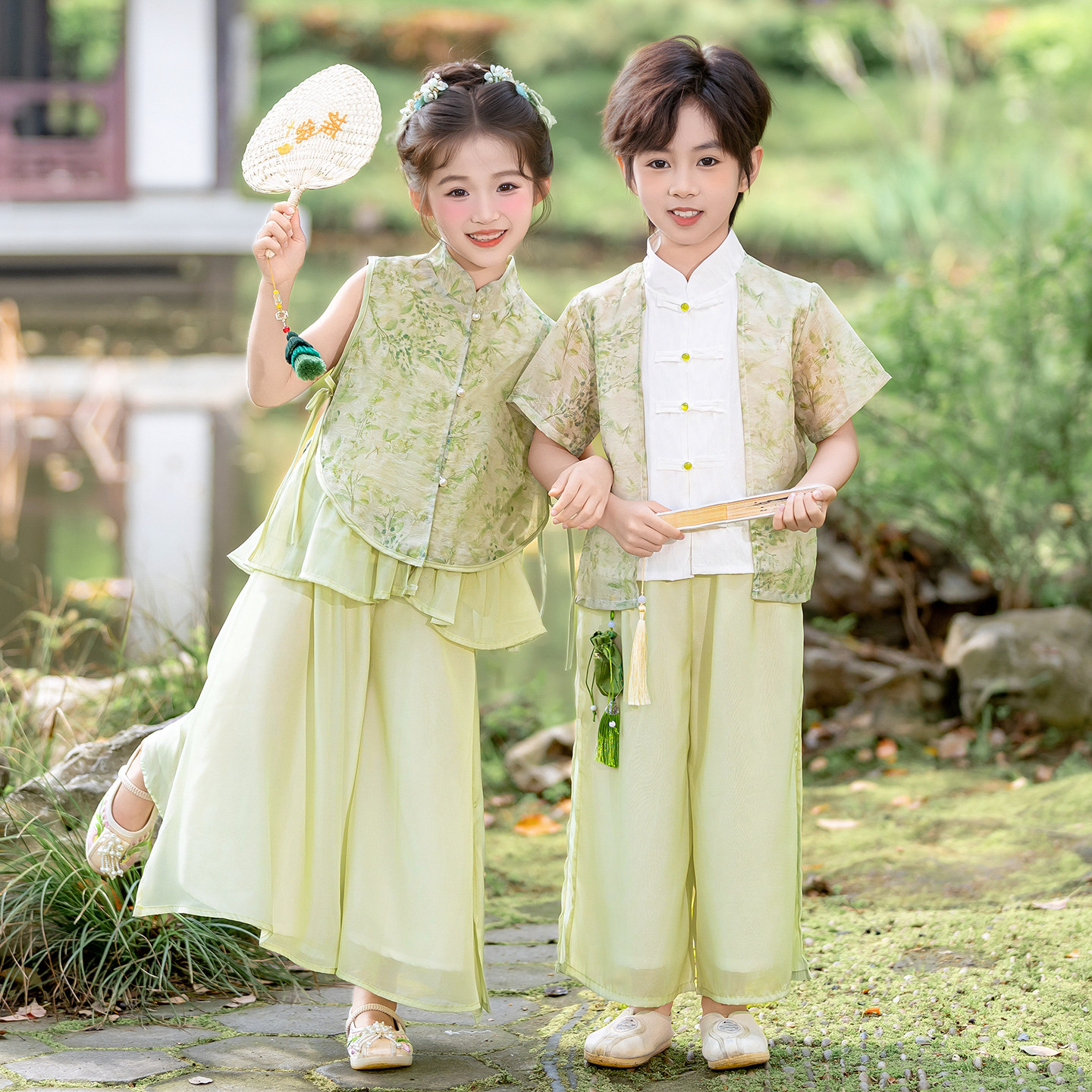 儿童汉服男童短袖套装女童超仙古装幼儿园中秋表演服国风小少爷夏