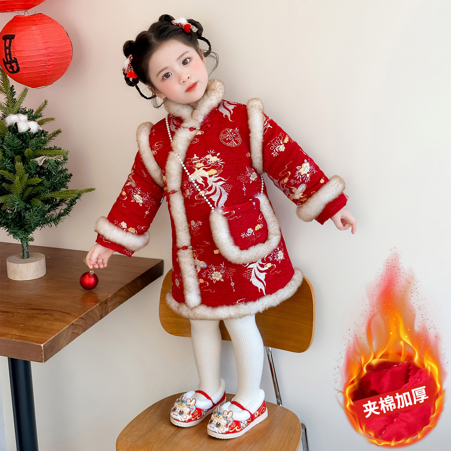 过年服女童拜年服红色夹棉旗袍