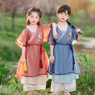 儿童汉服男童中国风宋朝明制飞鱼服小女孩唐装夏季长袍宝宝锦衣卫