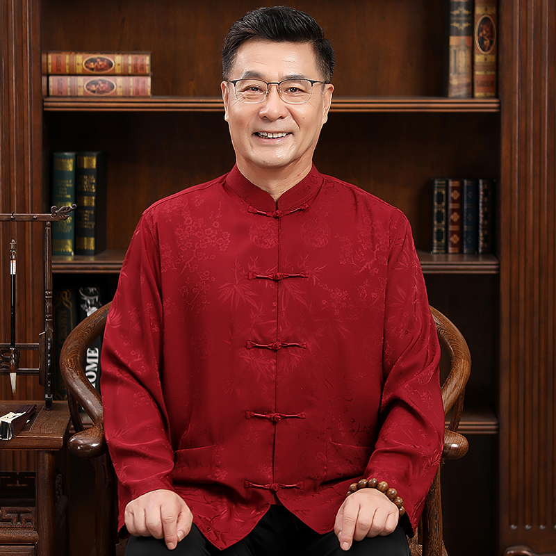 香云纱真丝中老年爸爸春秋薄款长袖唐装套装爷爷生日过寿喜庆衣服