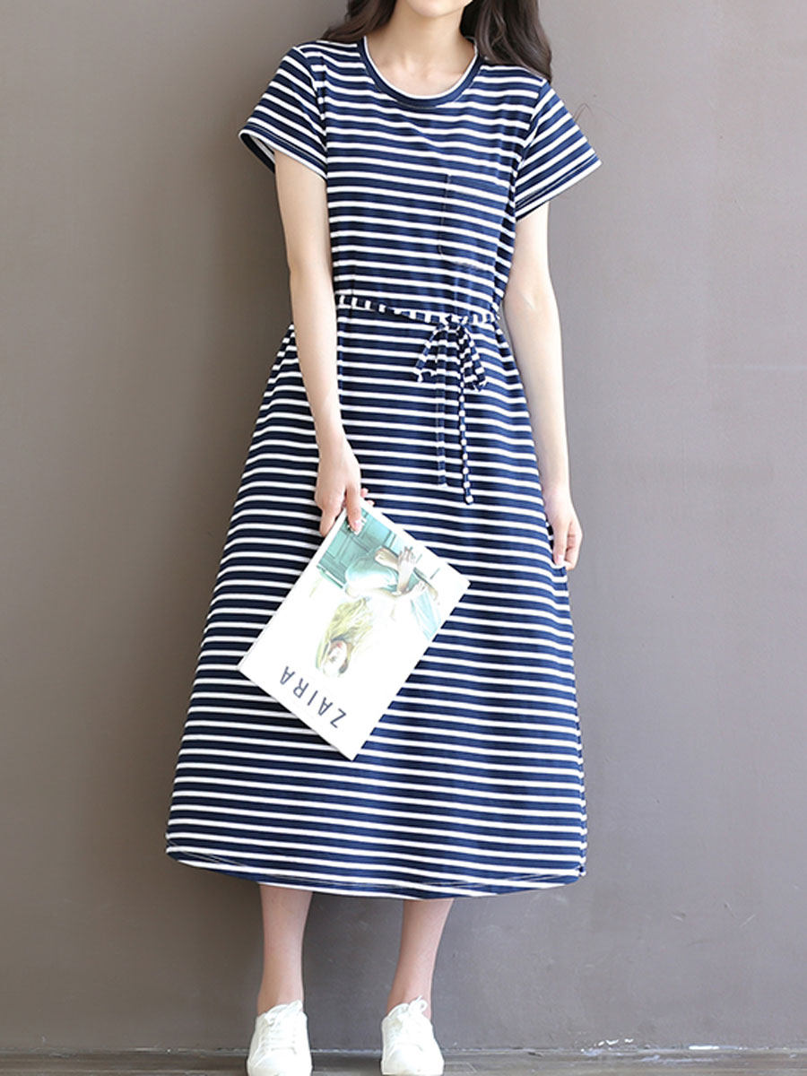 산후 여름 나들이 수유복 슬리밍 허리 수유복 순면 긴 스트라이프 반팔 원피스 대형