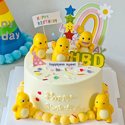可爱胖胖小奶龙生日蛋糕装饰摆件萌酷拽黄色小恐龙甜品台烘焙插件