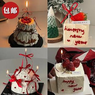 2025新年跨年蛋糕装饰 红色丝带皮绳蝴蝶结弯曲螺纹蜡烛插件装扮