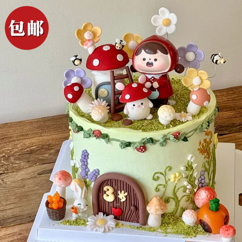 网红同款蘑菇小红帽女孩生日蛋糕装饰迷你小兔子萝卜摆件花朵模具
