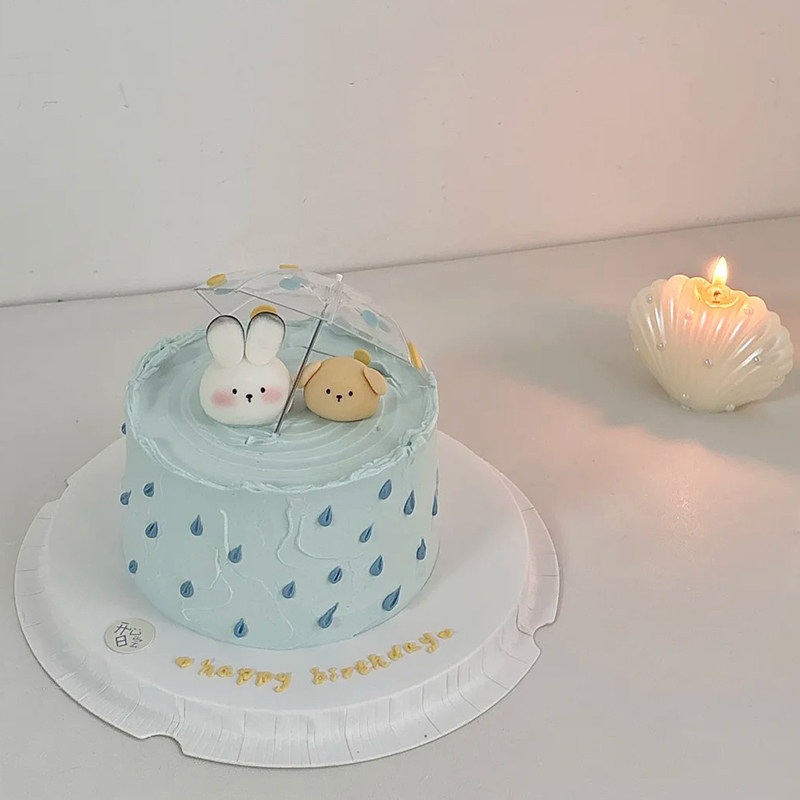 浪漫雨天生日蛋糕装饰迷你透明雨伞可爱小兔小狗摆件情侣告白烘焙