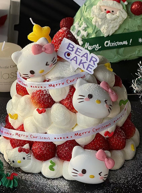 网红圣诞节蛋糕装饰KT猫草莓塔丝带五角星蜡烛插件凯蒂猫helloKT