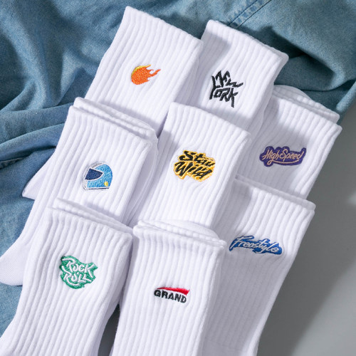 男士棉袜刺绣中筒长筒袜子