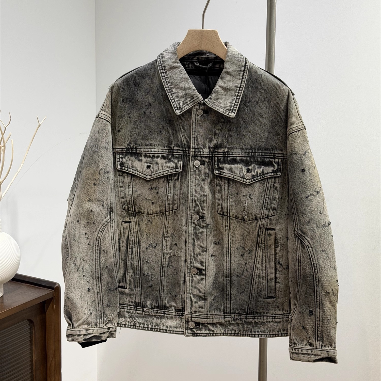 冬翻领可脱卸羽绒内胆牛仔羽绒服潮牌宽松水洗做旧廓形白鸭绒夹克