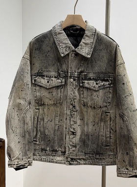 冬翻领可脱卸羽绒内胆牛仔羽绒服潮牌宽松水洗做旧廓形白鸭绒夹克