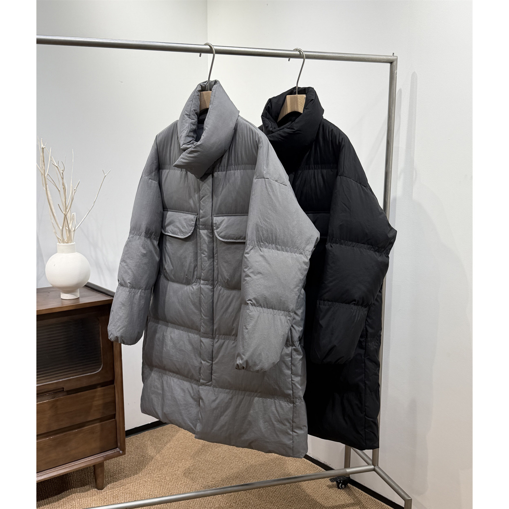 韩系通勤纯色大口袋90白鸭绒长款面包羽绒服男女松弛感加厚外套