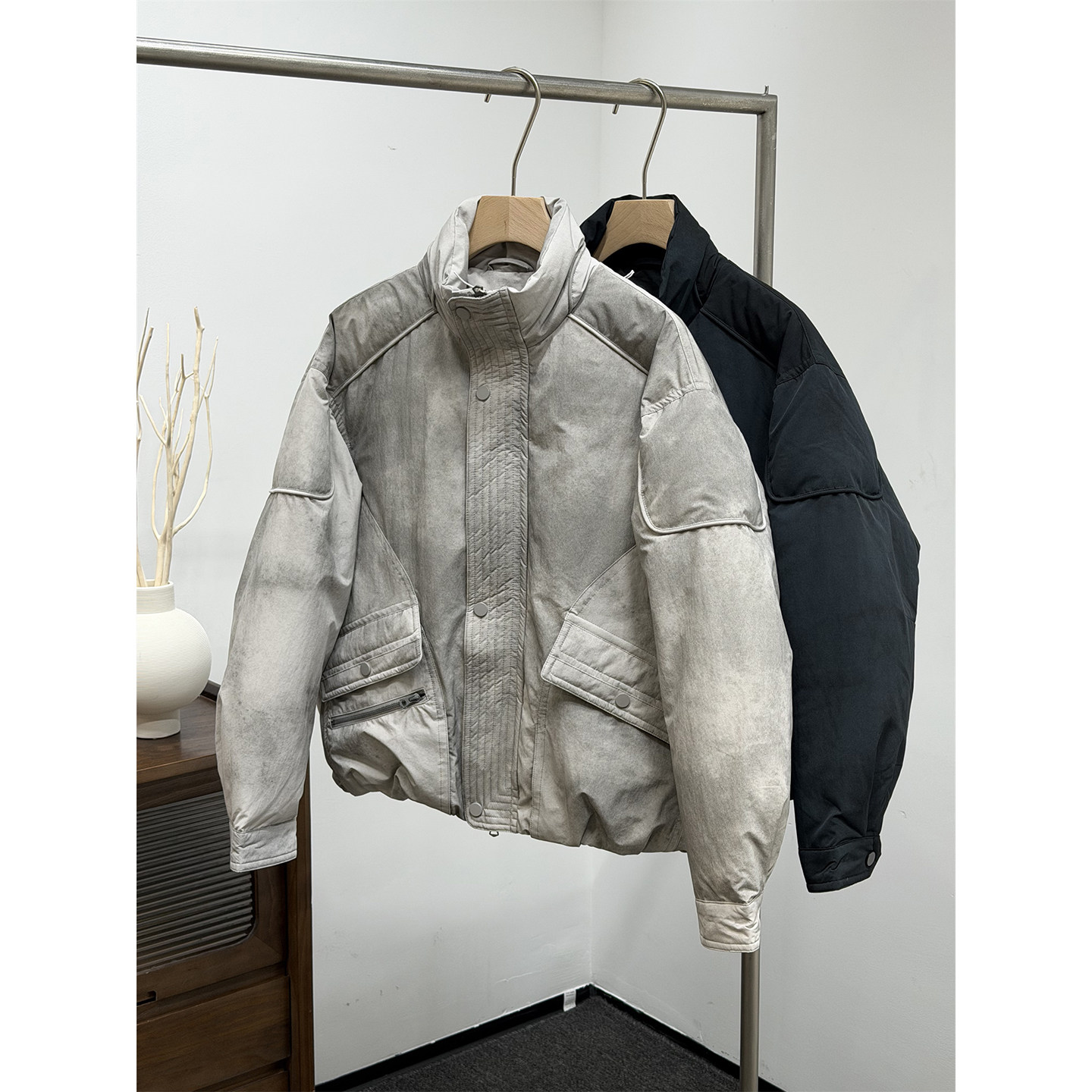 机车夹克羽绒服外套冬男夹克立领水洗做旧户外潮牌工装机能风外套