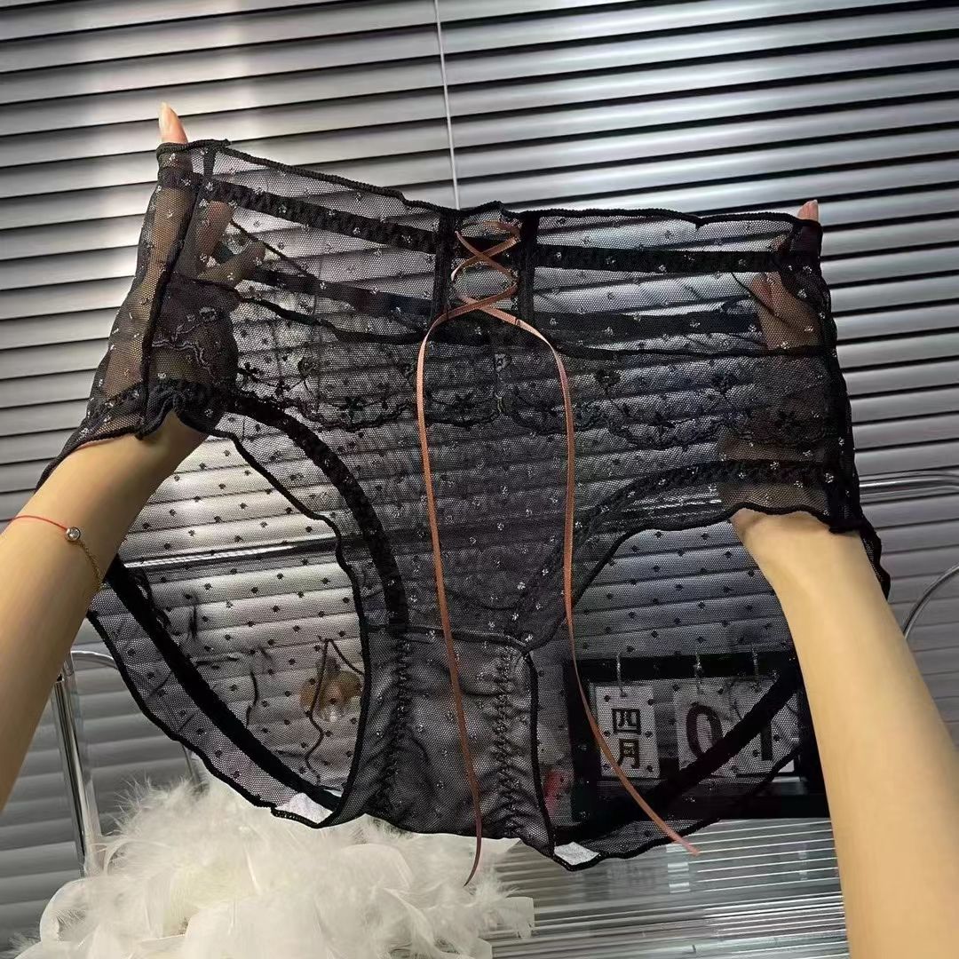 大码性感蕾丝网纱三角裤女高腰薄款透气舒适棉裆迷人诱惑透明内裤