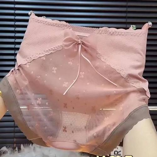 新年红蝴蝶结性感网纱内裤女士美拉德蕾丝高腰收腹包臀三角裤G250