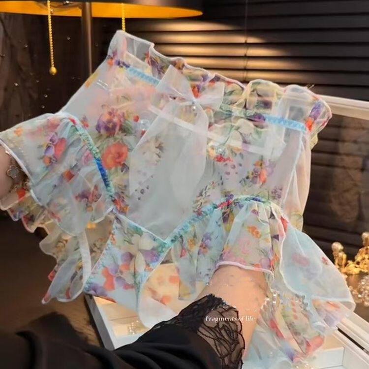 波西米亚花苞内衣女加肥加大胖mm高腰性感蕾丝网纱荷叶边三角裤薄