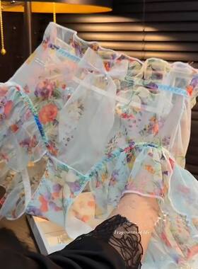 波西米亚花苞内衣女加肥加大胖mm高腰性感蕾丝网纱荷叶边三角裤薄