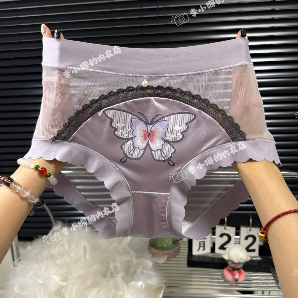 性感国风个性爆款内裤女士复古网纱透气蕾丝无痕印花三角裤9463
