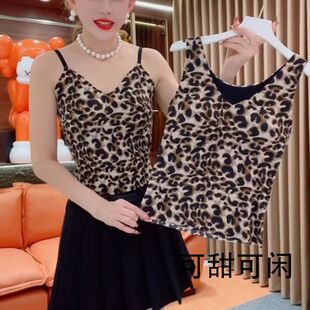 爆款 200斤无痕保暖带胸垫内衣 自发热德绒性感豹纹吊带背心女大码